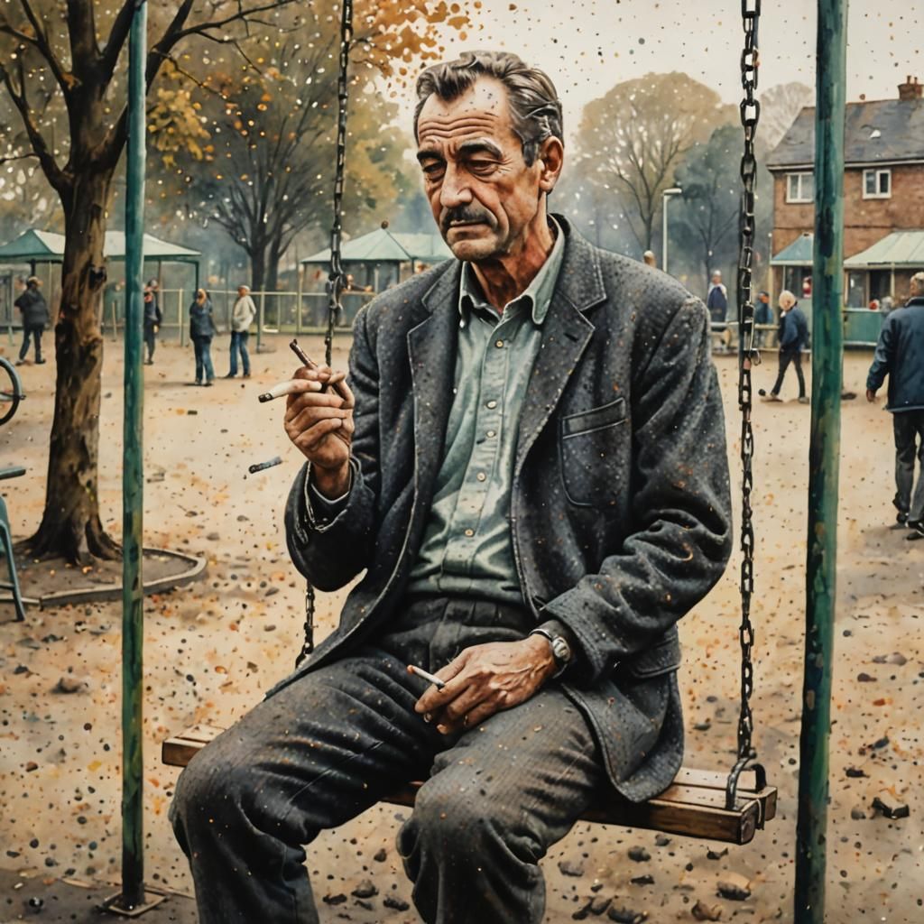Nostalgic Charcoal Painting of Man on Swing