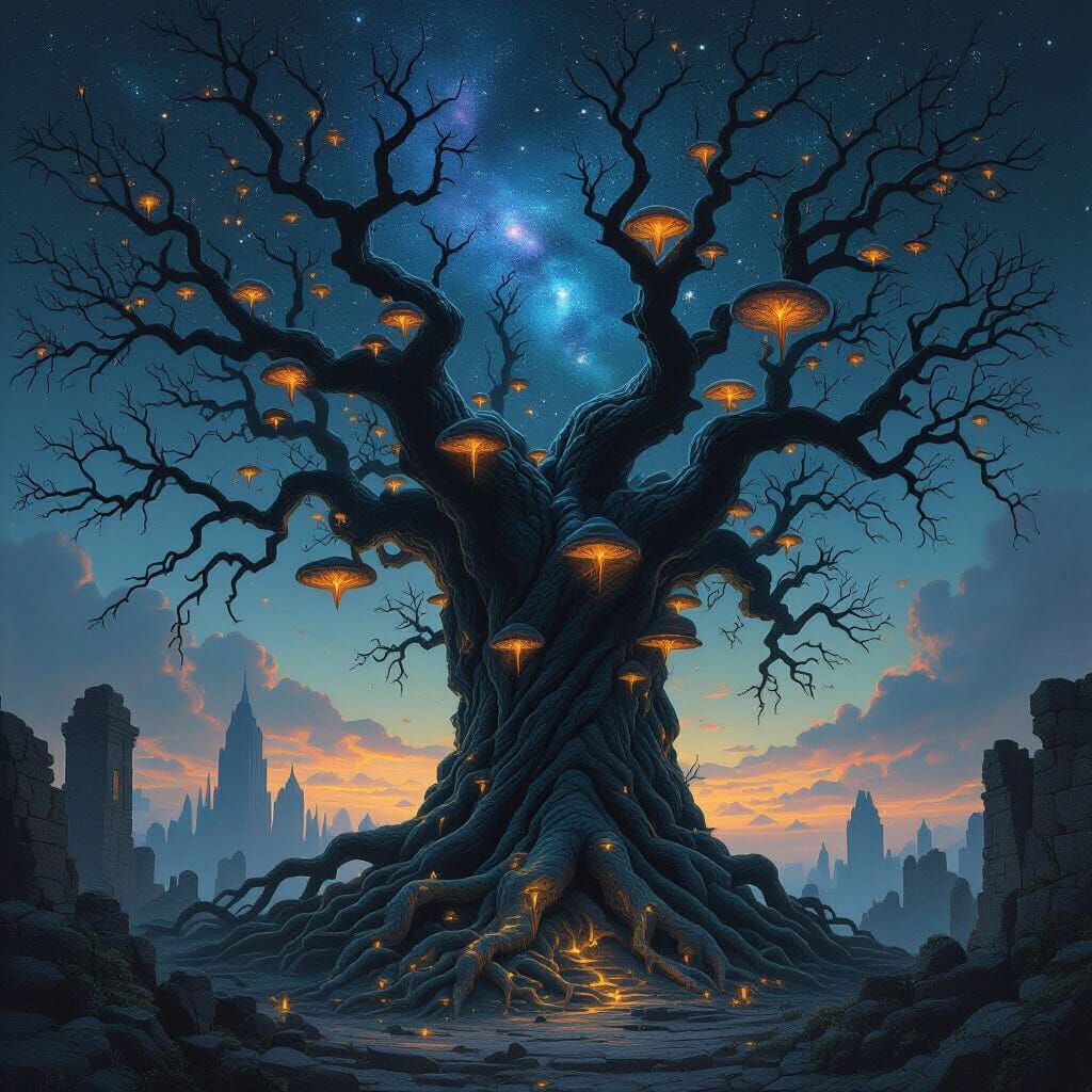 Ancient Obsidian Tree in Twilight Sky with City Ruins