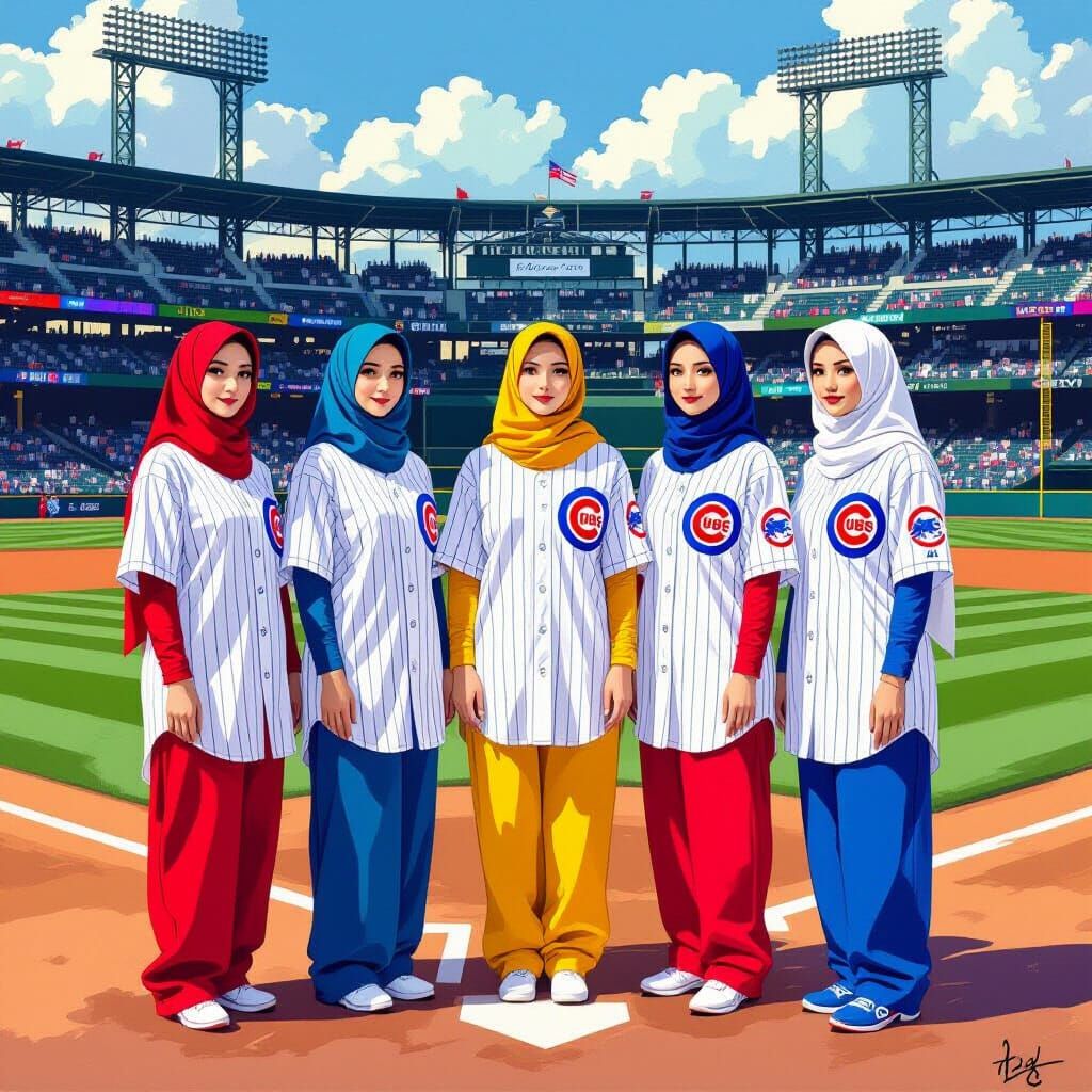 Hijabi Women on Wrigley Field in Illustrative Style