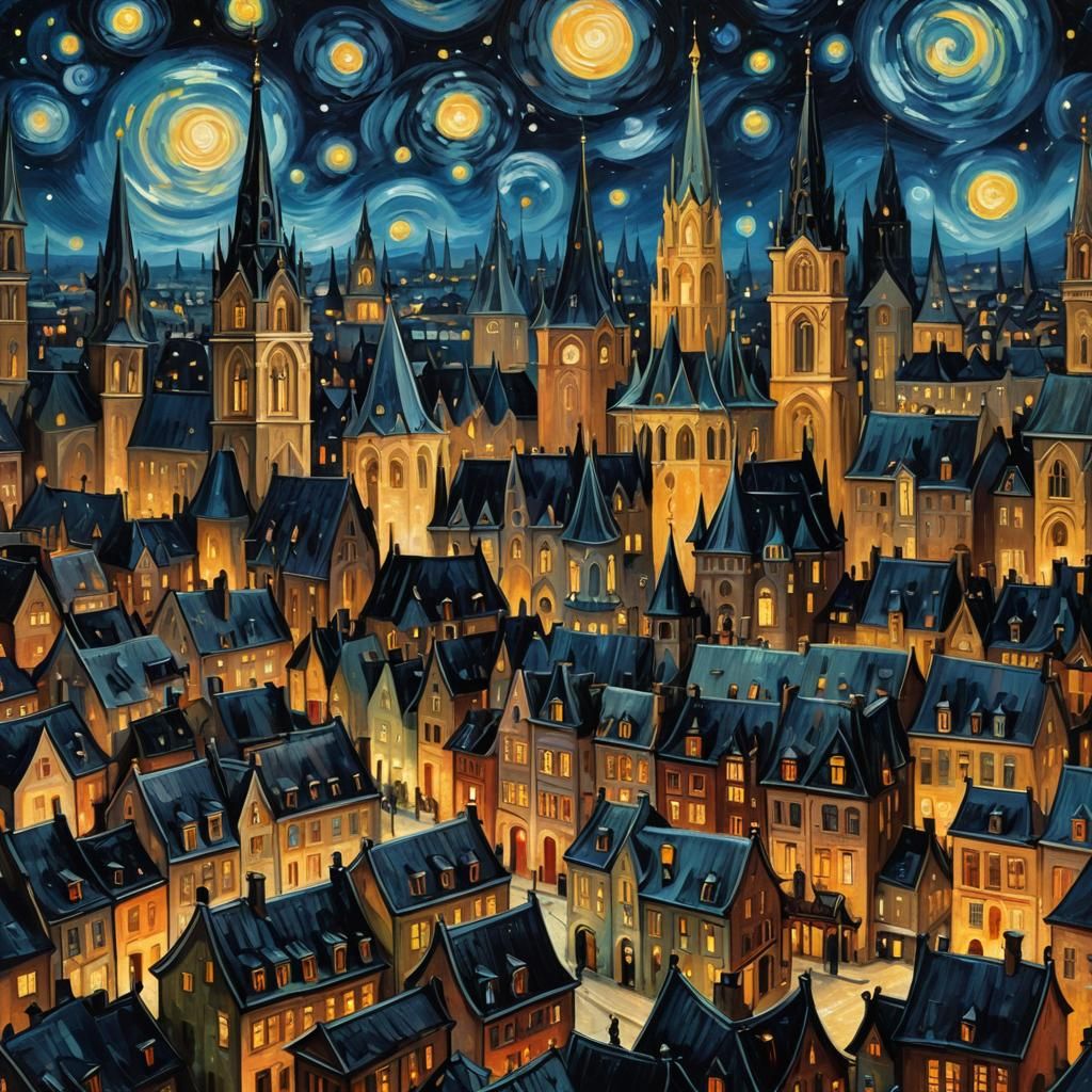Whimsical Cityscape Under Starry Night, Van Gogh Style