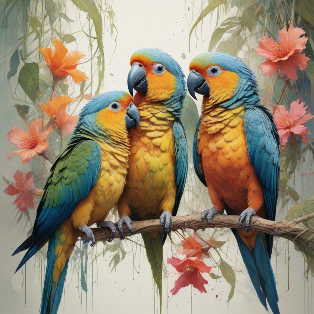 Vibrant Baby Parrots Perch Amidst Tropical Blooms in Whimsic...