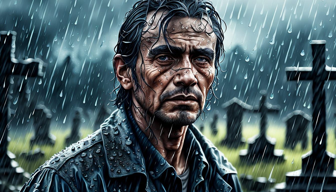 Grief in the Rain: Hyperrealistic Digital Art