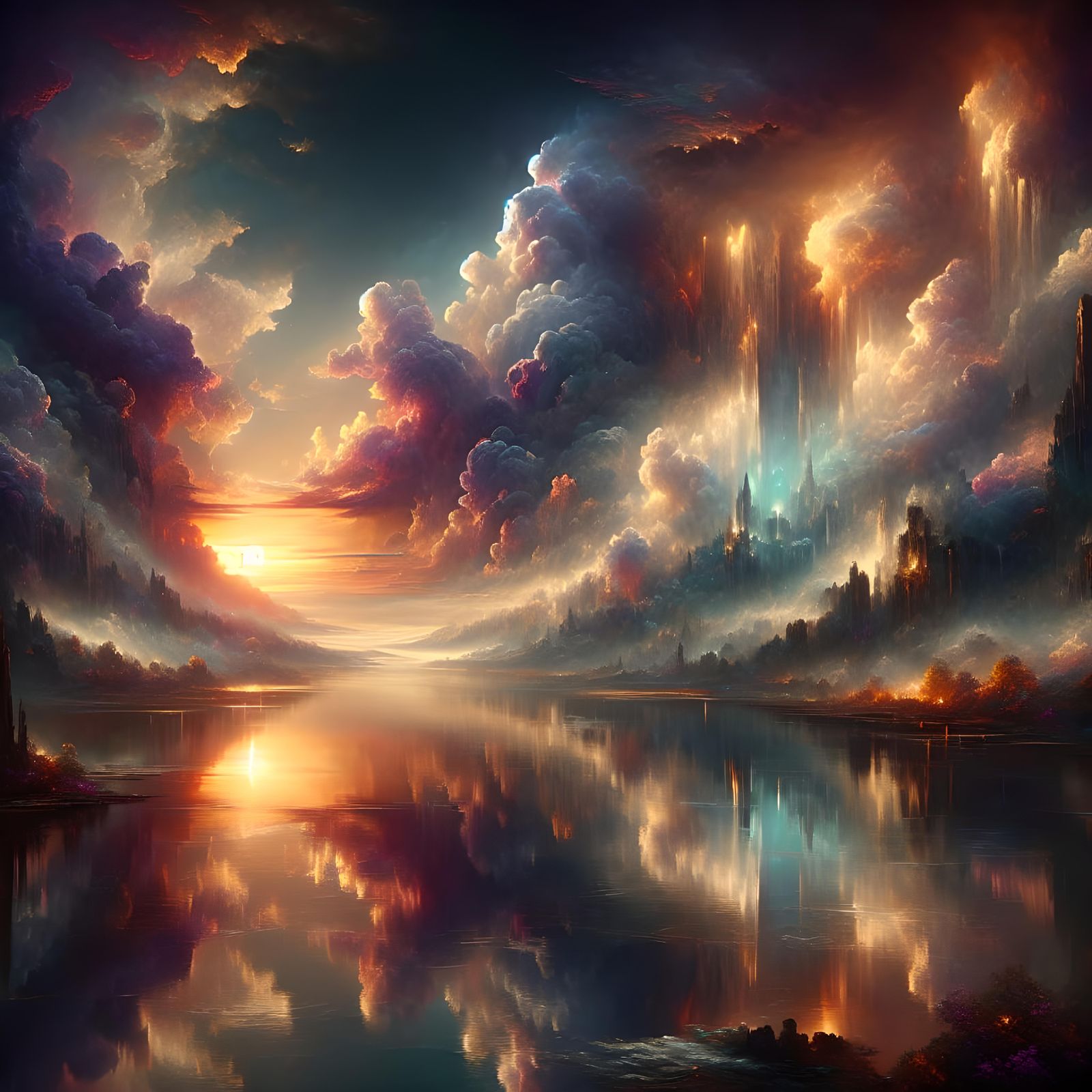 Ethereal Landscape with Sunset in Matte Painting Style
