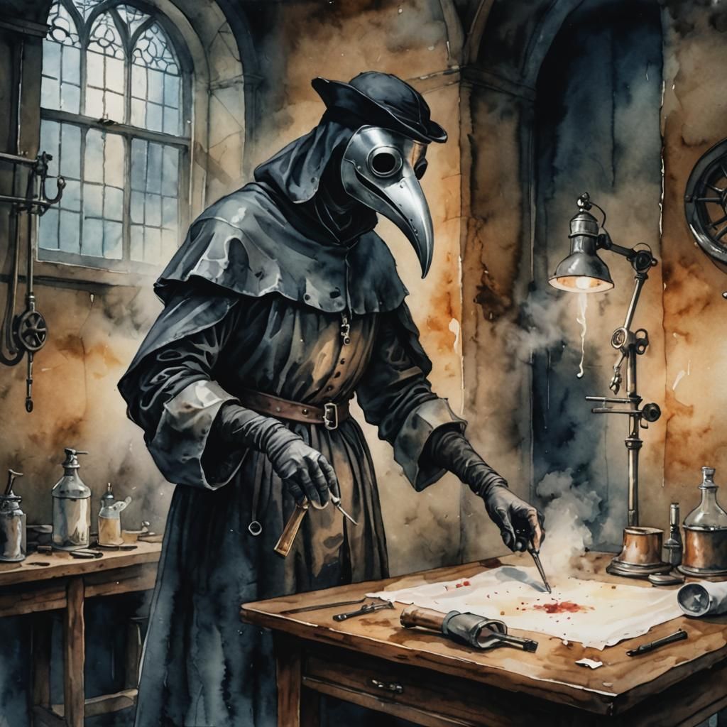 Medieval Plague Doctor Performing Surgery in Watercolor