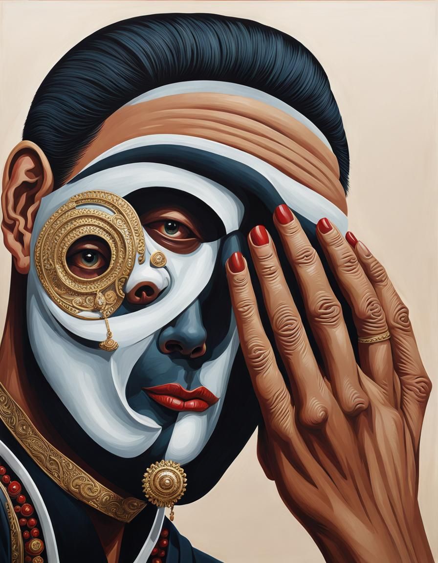 Portrait of a man realistic face covering the left side of h...