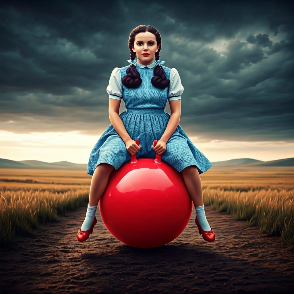 Dorothy Bouncing on Space Hopper in Sci-Fi Kansas