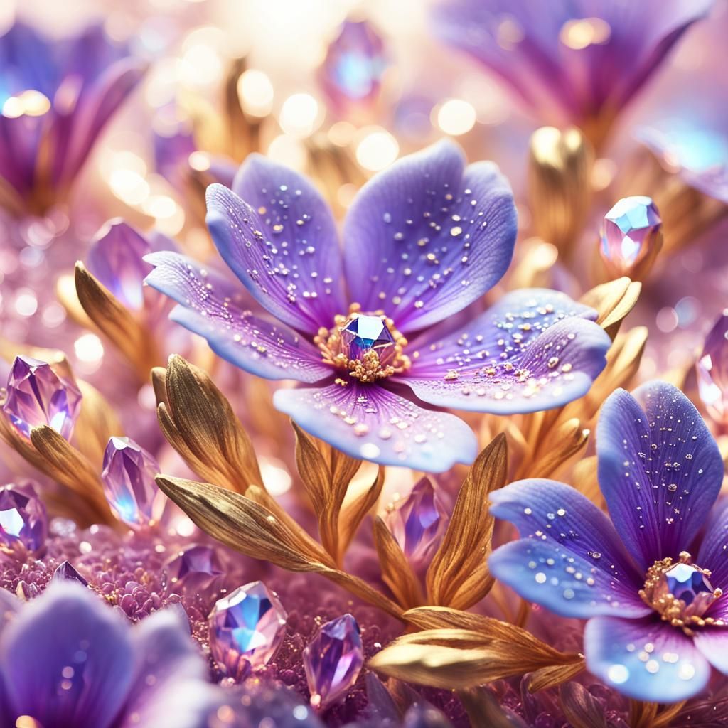Glittering Purple Flowers and Crystals in Macro Photography