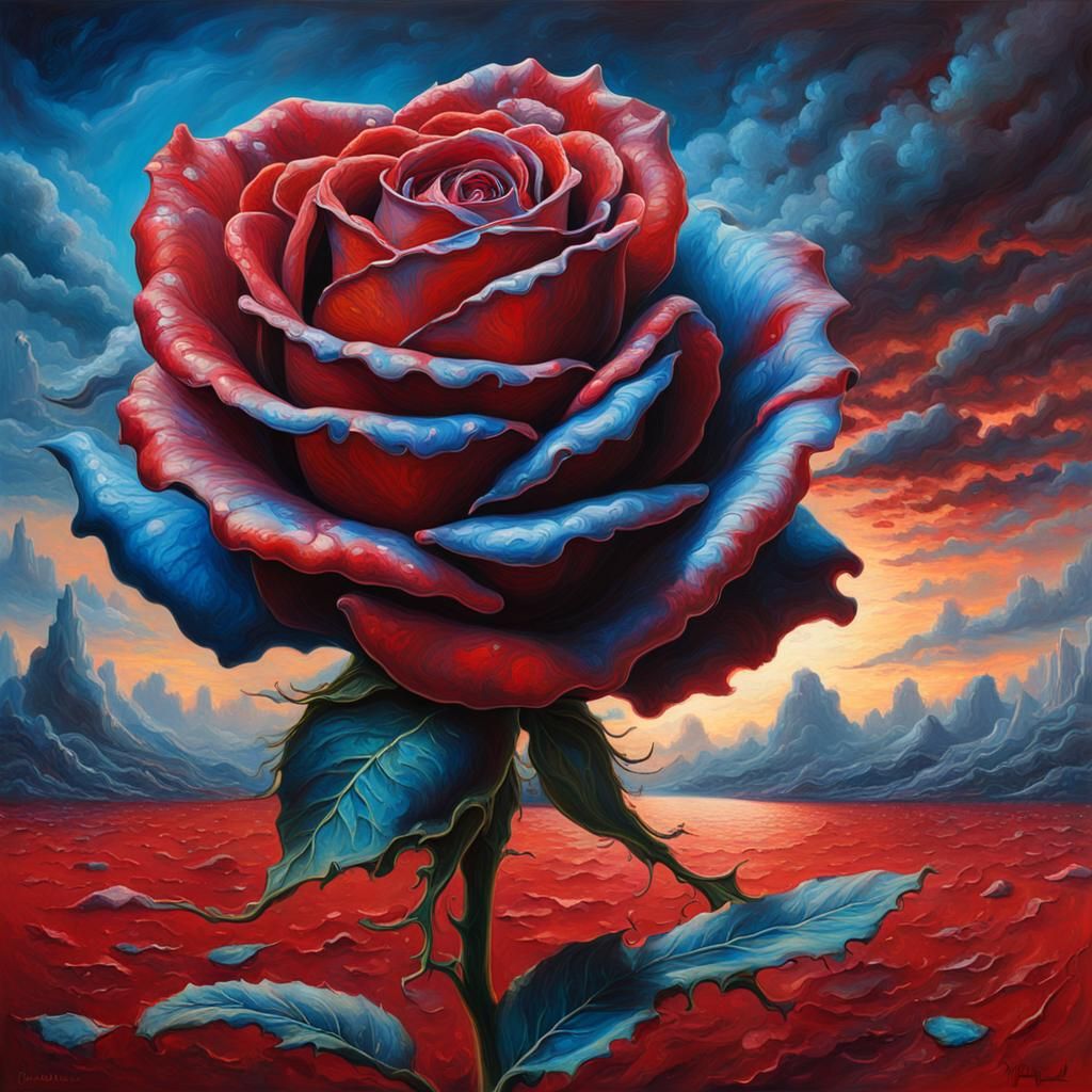 Surreal Rose Oil Painting in Cosmic Style