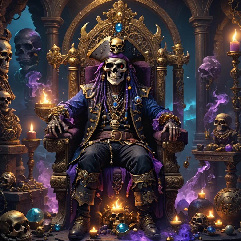 Calavera Pirate King on Throne: Dark Fantasy Art