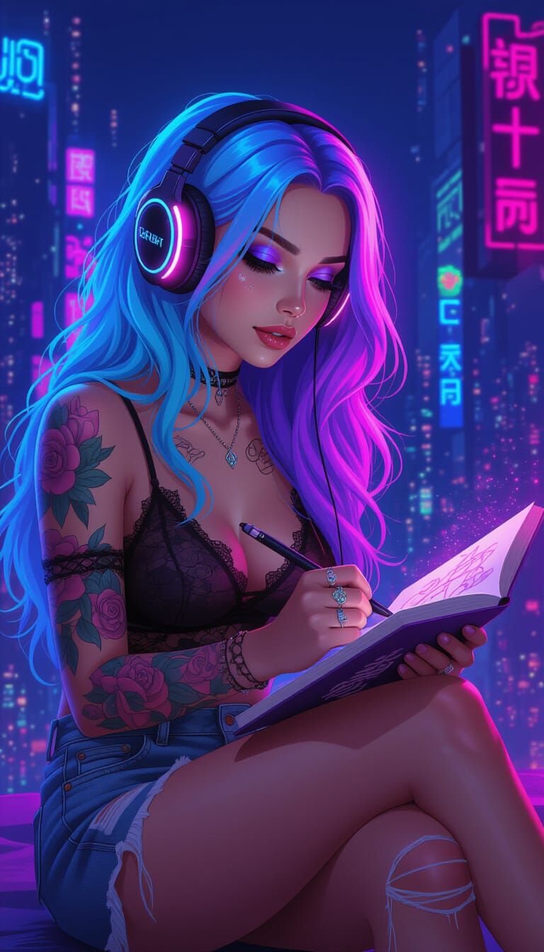 Boho Woman in Neon Cityscape, Digital Art