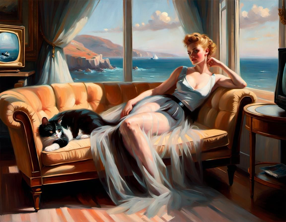 Cozy Living Room with Seaside View, Oil Painting