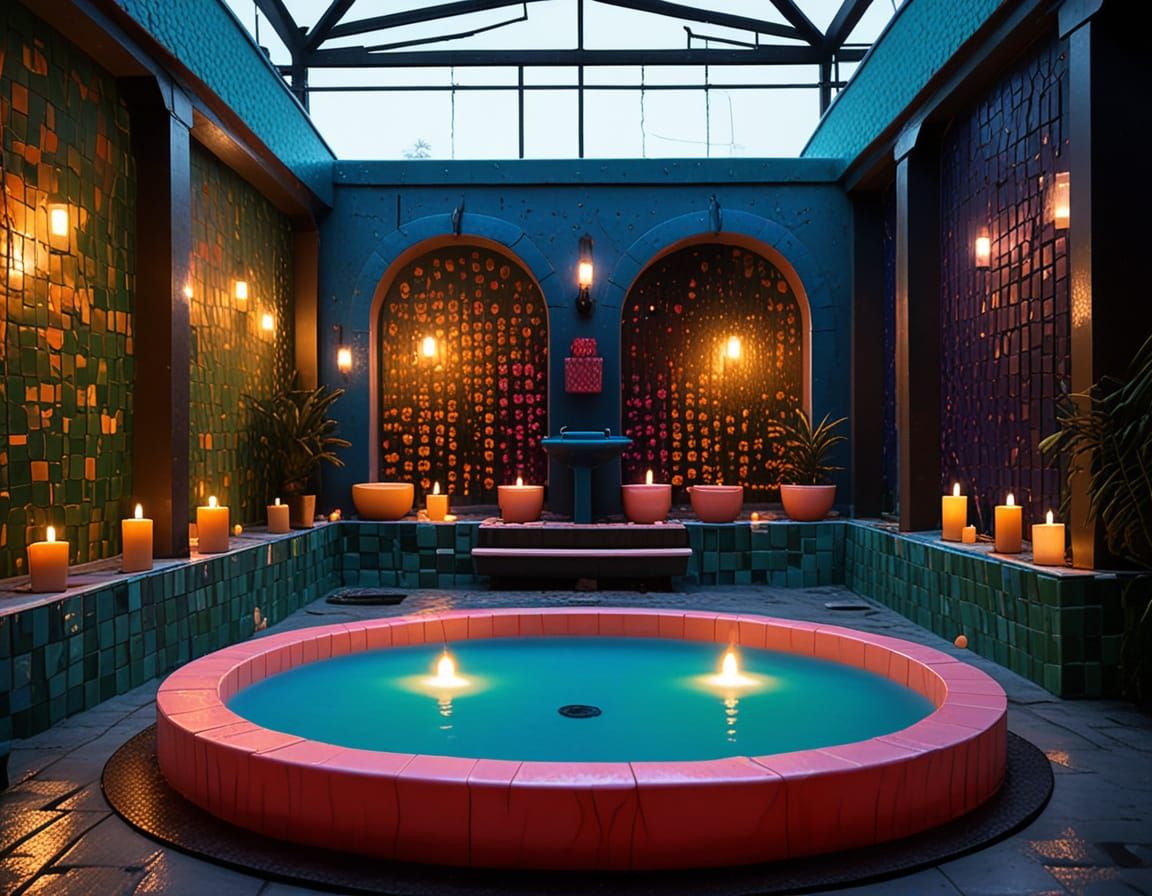 Hyperpop Waterpark with Candles at Night