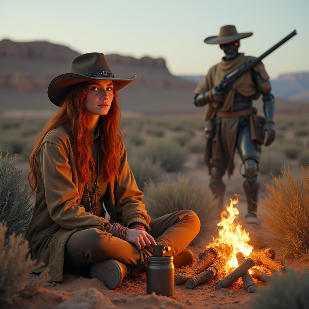 Cowgirl and Robot in Badlands at Dusk
