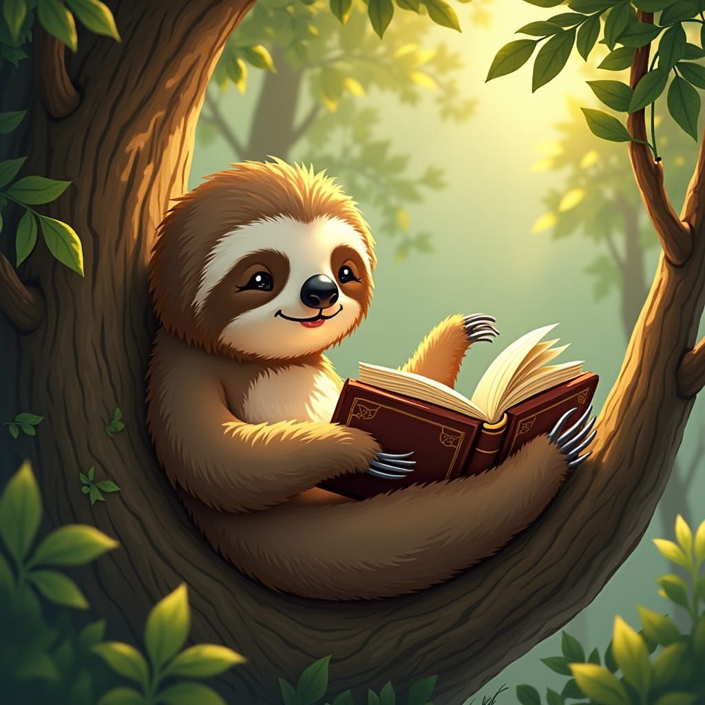 Sloth Reading Book in Cozy Tree Nook