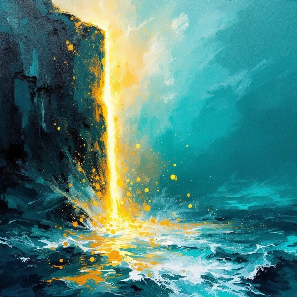 Teal and Gold Seascape: Molten Fissure in Painterly Style