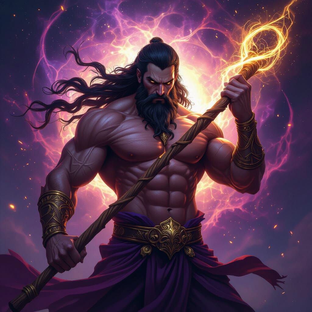 Powerful Baseball God with Twisting Wooden Staff