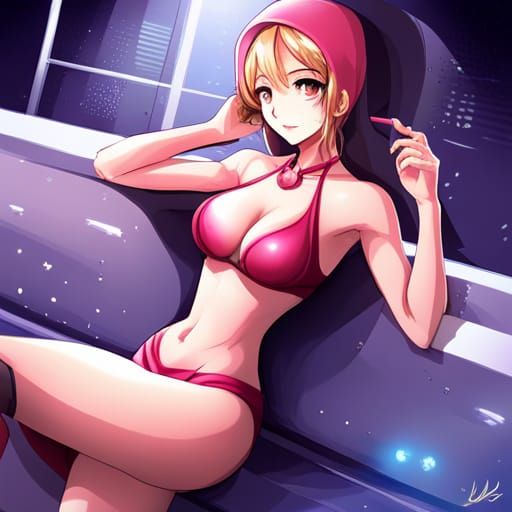 Woman in Hijab and Bikini, Anime Manga Style