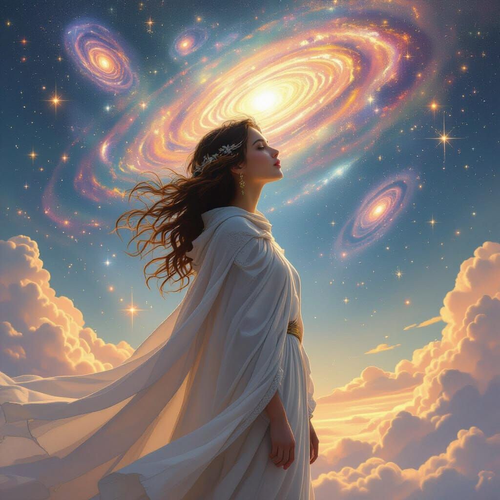 Mystical Woman Gazing at Swirling Galaxies