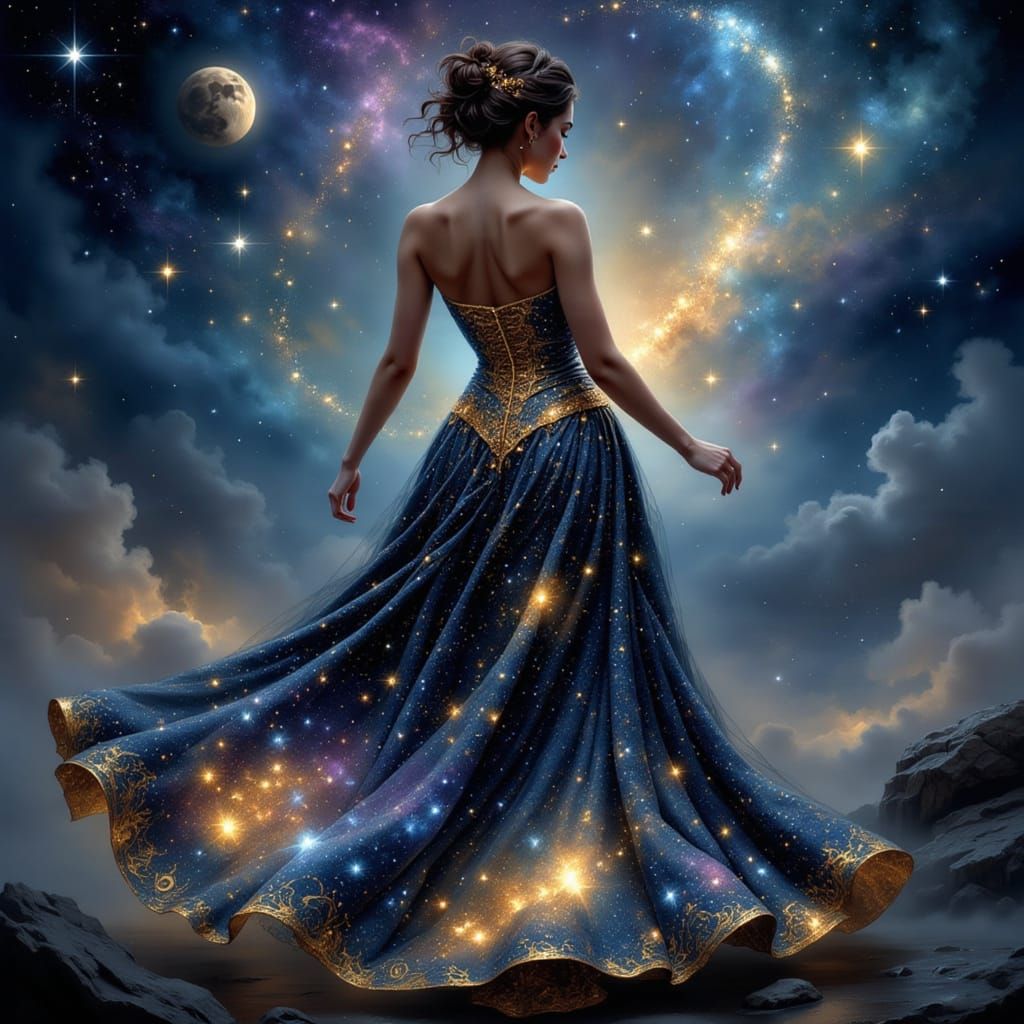 Woman in Galactic Gown with Celestial Aura