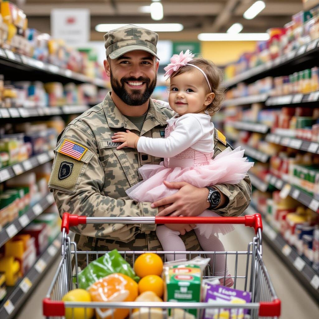 American Soldier Holding Toddler in Grocery Store