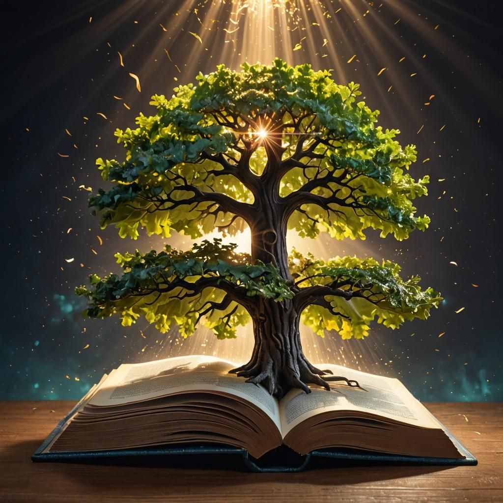 Oak Tree Growing From Open Book, Hyperrealistic Art