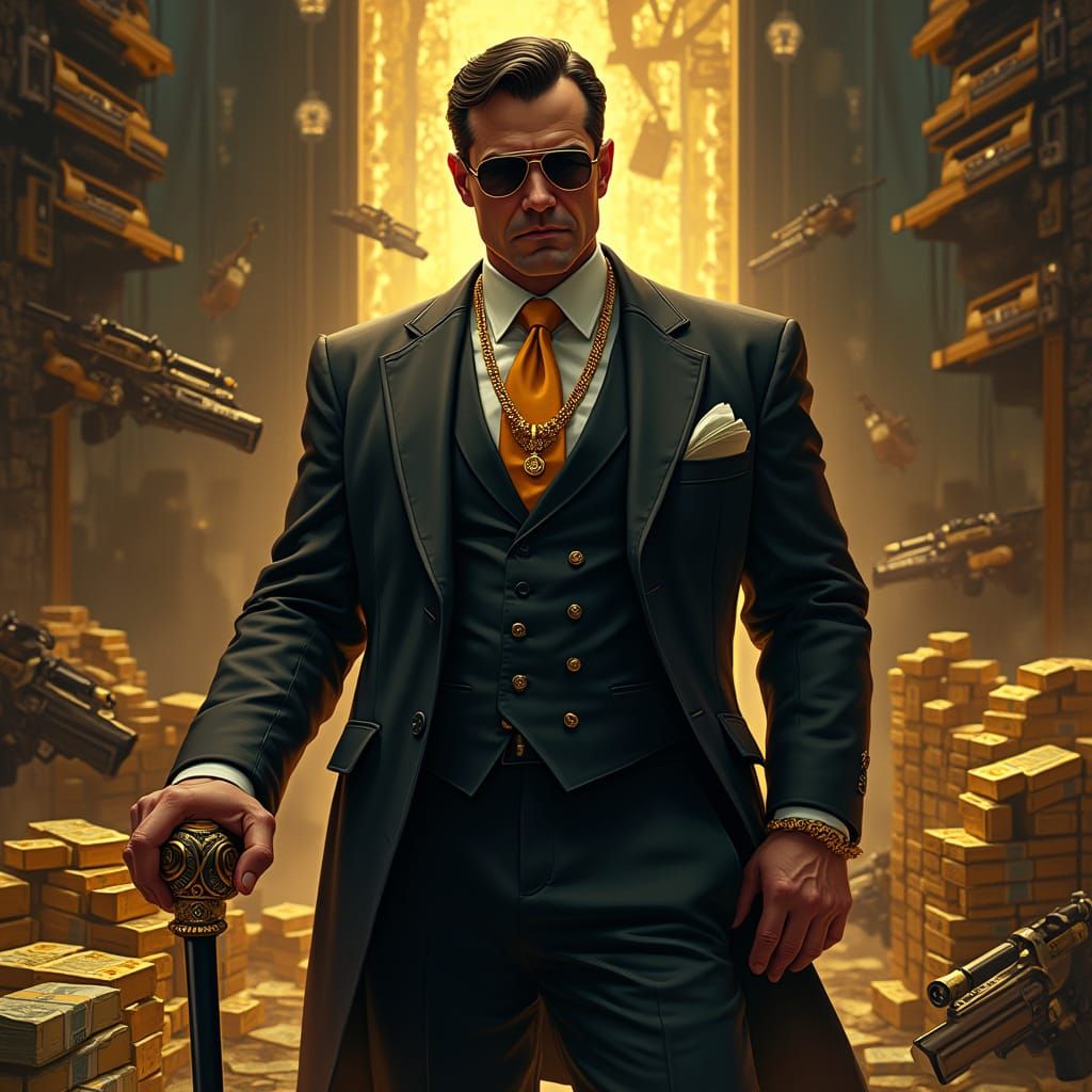 Luxurious Mafia Boss in Futuristic High-Tech Lair