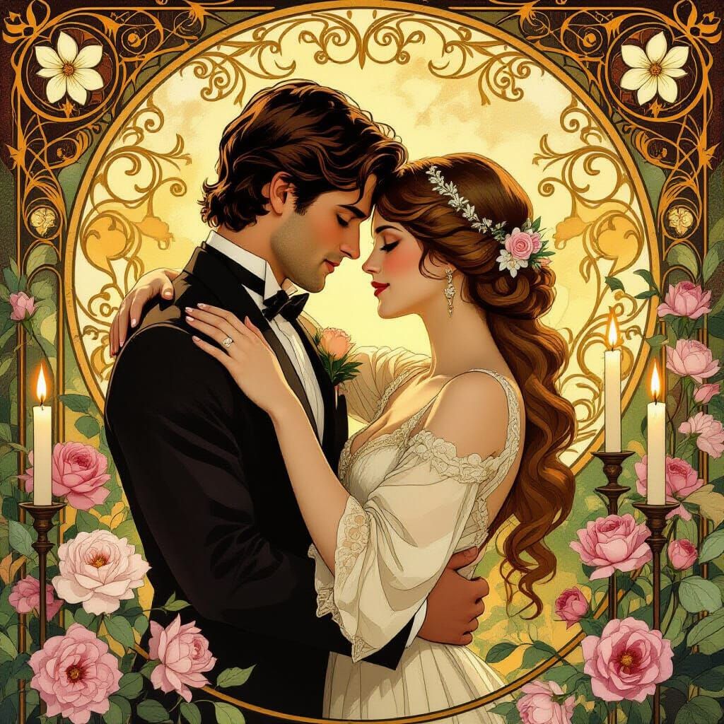 Elegant Couple Embracing in Art Nouveau Style