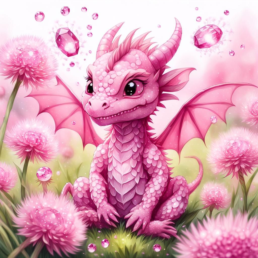 Pink Dragon-Girl Wishes on Dandelion in Anime Style