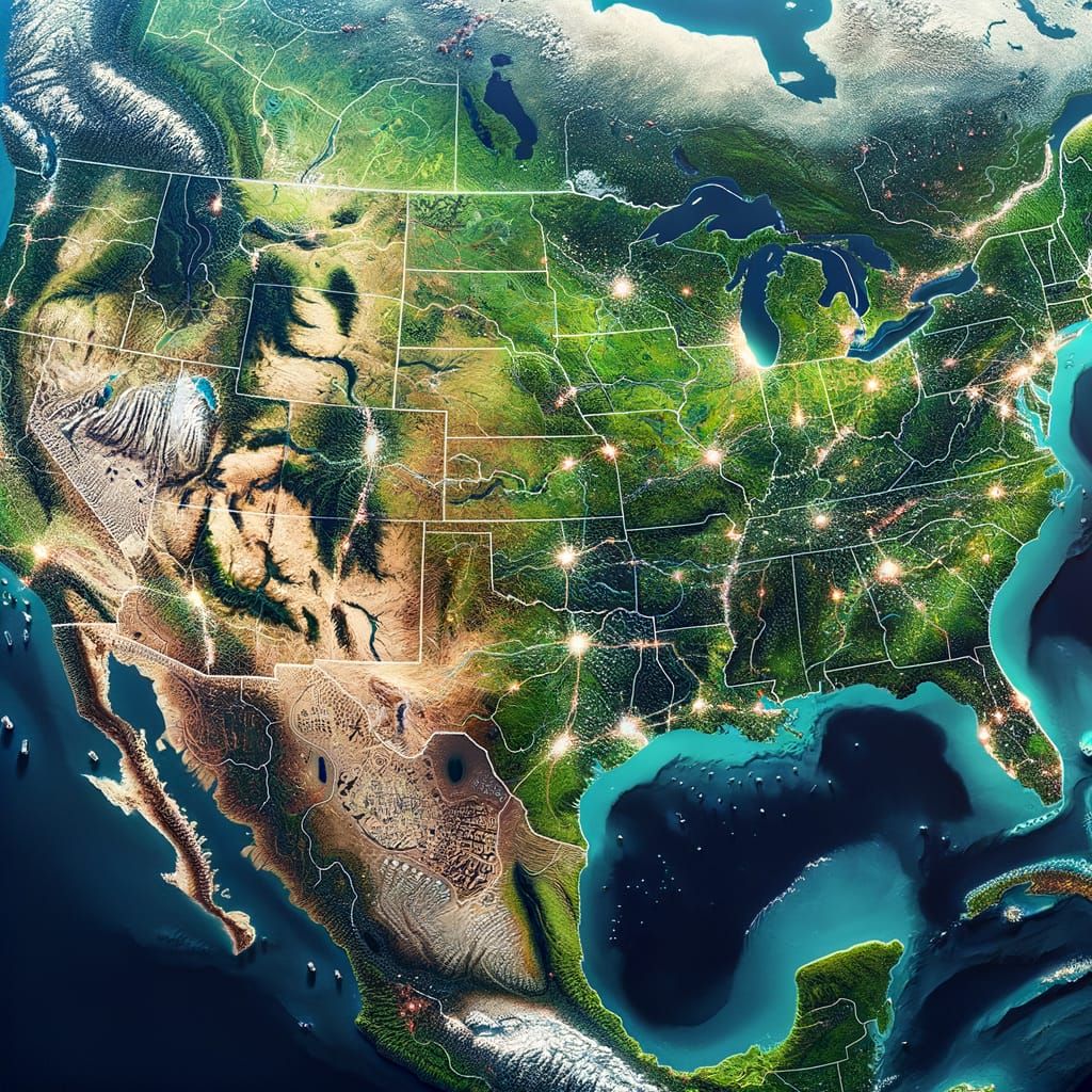 Detailed US Map Aerial View with State Borders