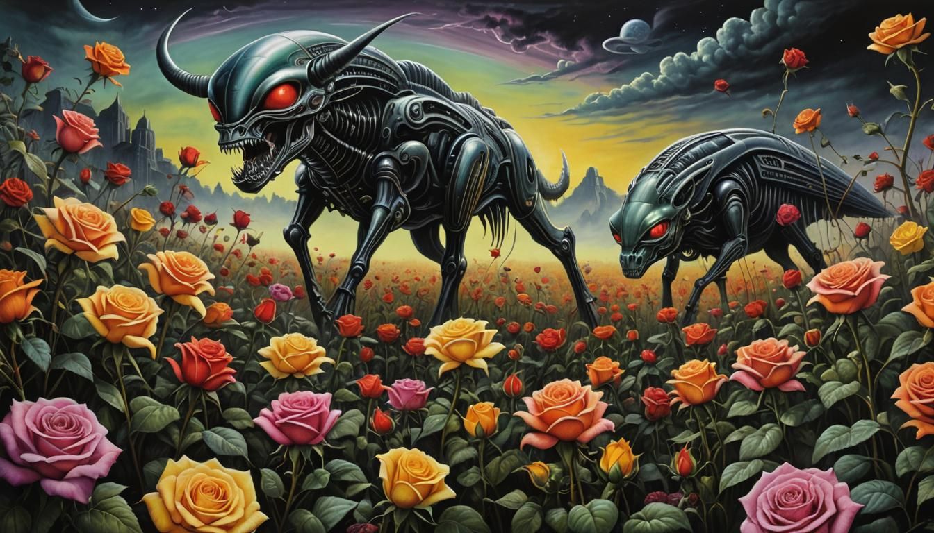 Giger Style Aliens Feast on Roses in Field