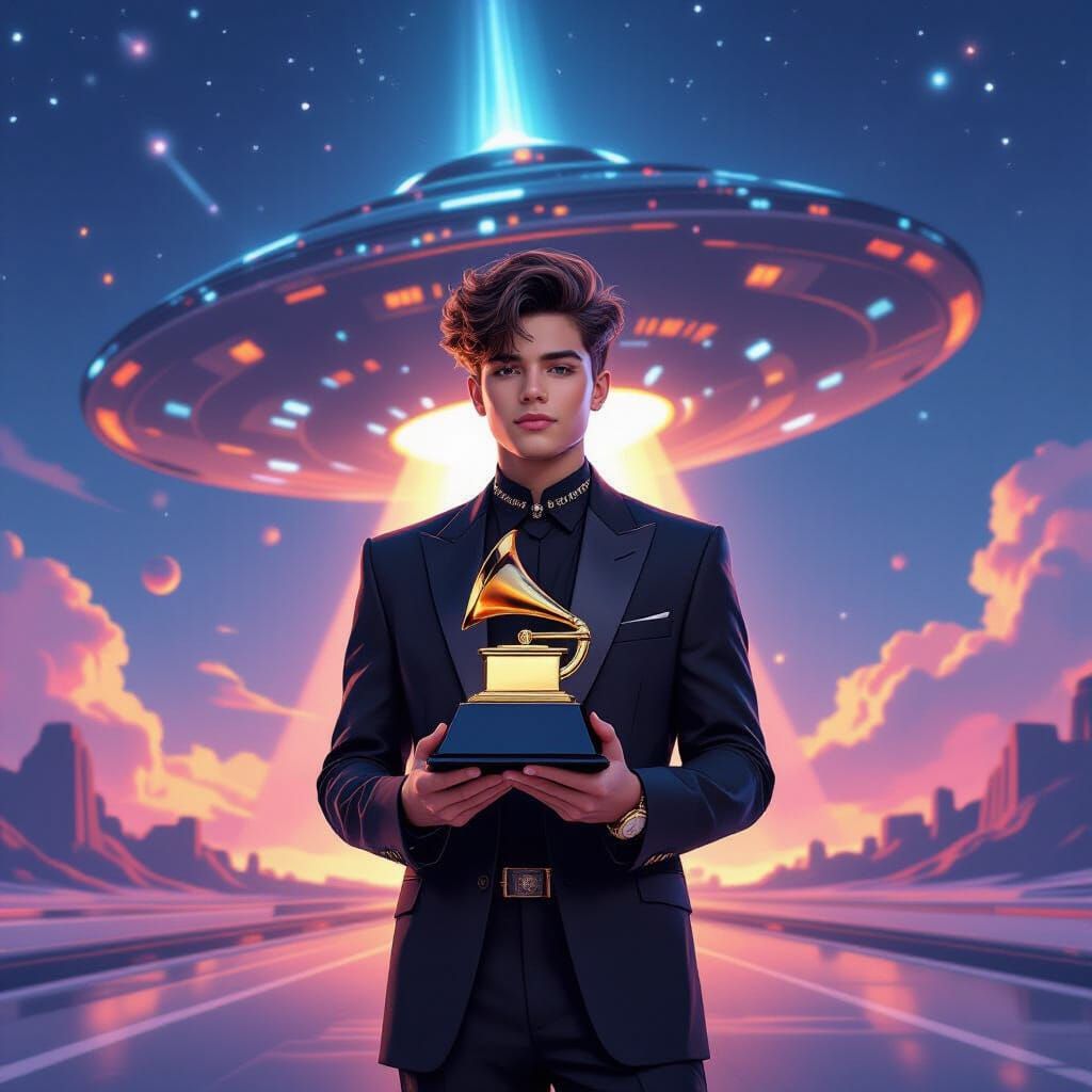 Musician with Grammy Award in Futuristic Spaceship Scene