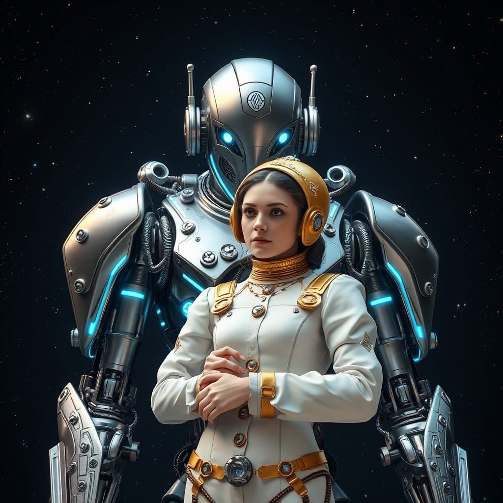 Android with Woman in Spacesuit: Sci-Fi Art
