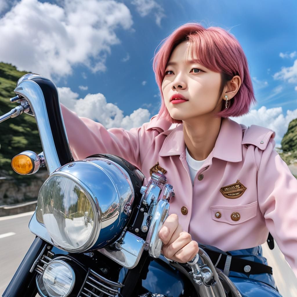 K-pop Star Rides Motorcycle in Anime Style