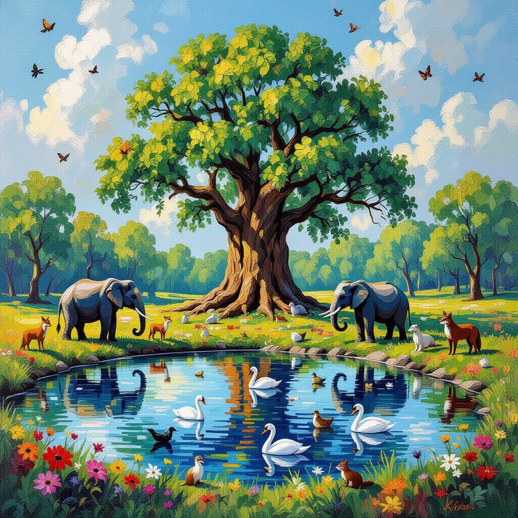 Vivid Forest Pond with Giant Tree and Diverse Wildlife