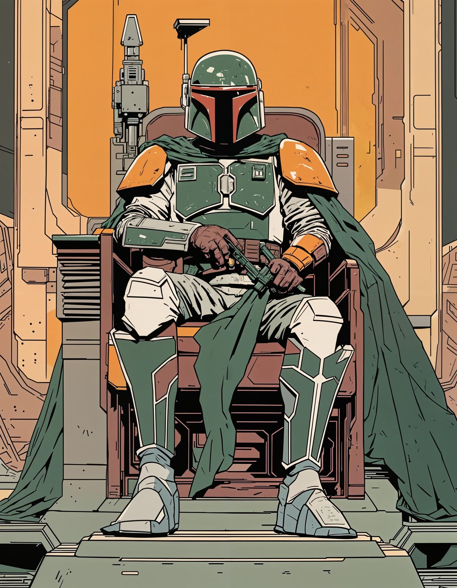 Boba Fett on Throne in Comic Book Style