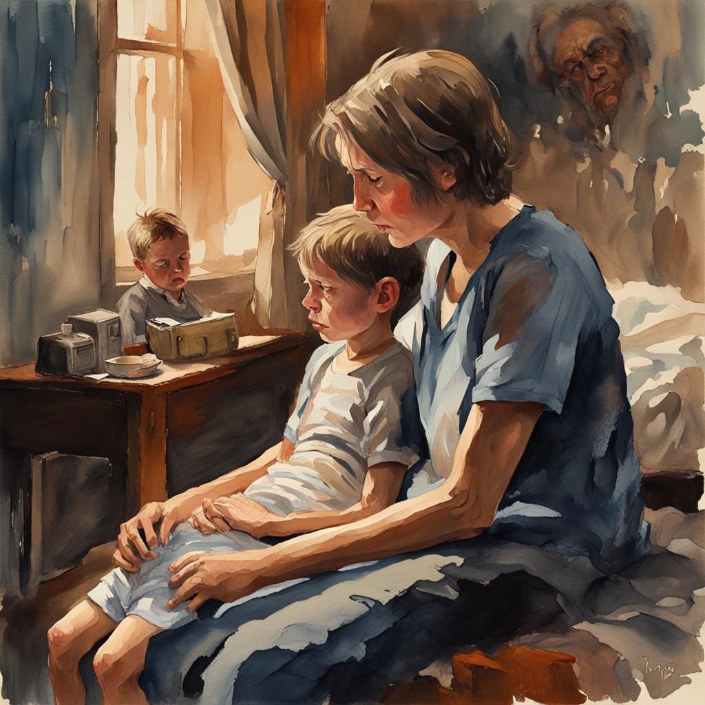 Melancholic Boy Observes Sick Mother: Gouache Watercolor