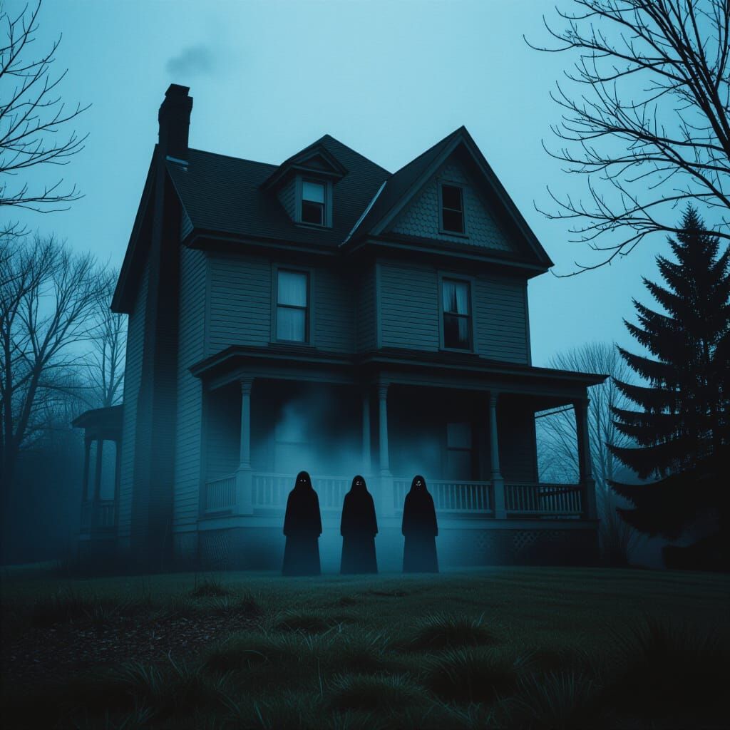 Ghosts Haunt House in 80s Horror Aesthetic