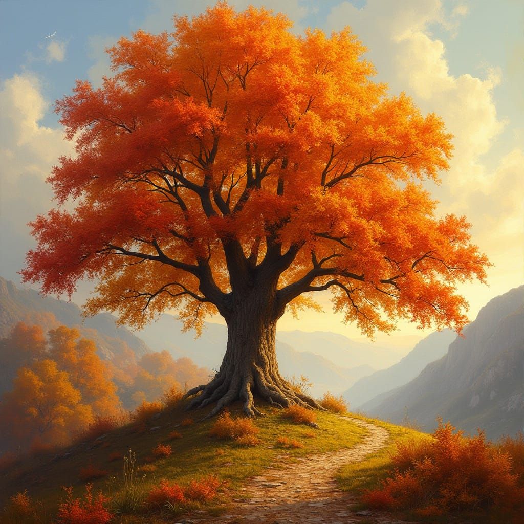 Vibrant Autumn Landscape in Traditional Oil Painting Style