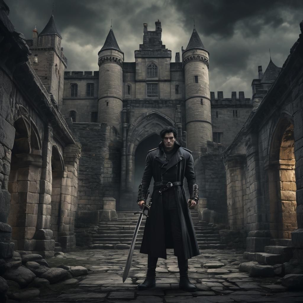 Dark Fantasy Knight with Broadsword and Castle