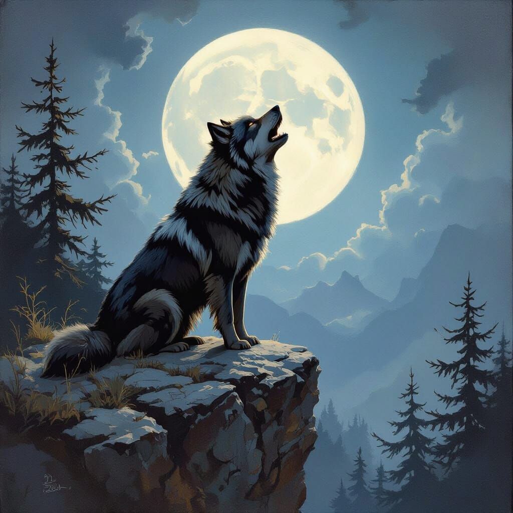 Wolf Howling at Moon as Oil Painting