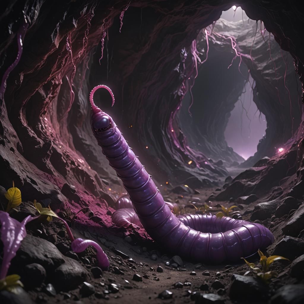 Purple Worm Emerges in Dark Cave