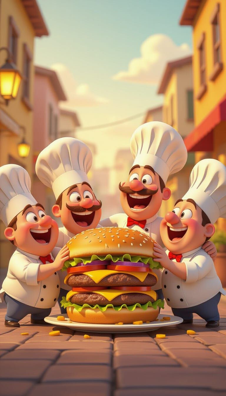 Cartoon Chefs Battle Giant Burger in Pixar Style