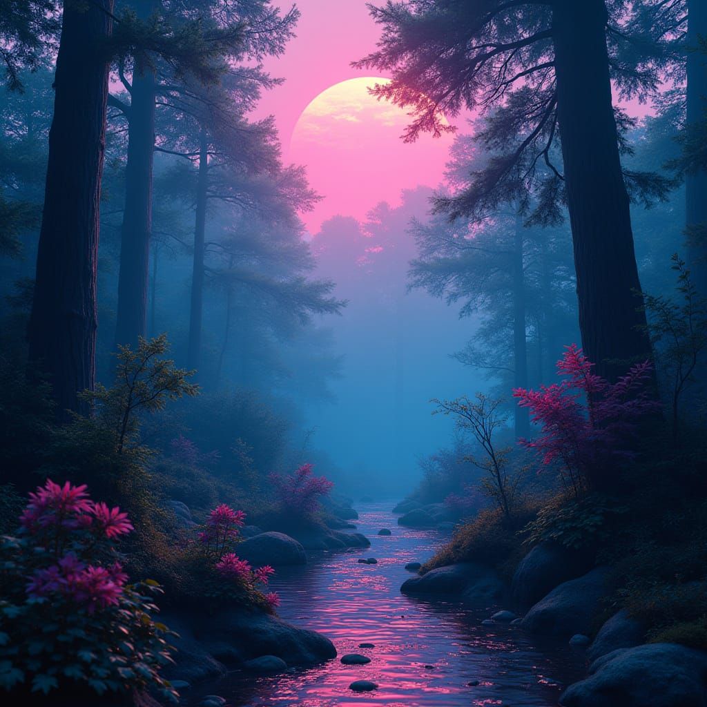 Vibrant Neon Forest Unfolds Beneath the Waves in Retro Synth...