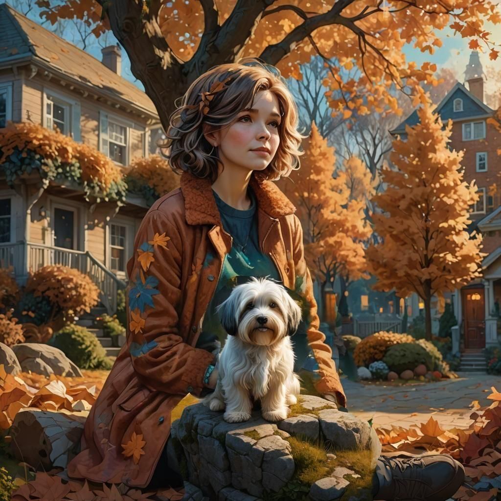Woman Kisses Havanese Dog in Autumn Colors