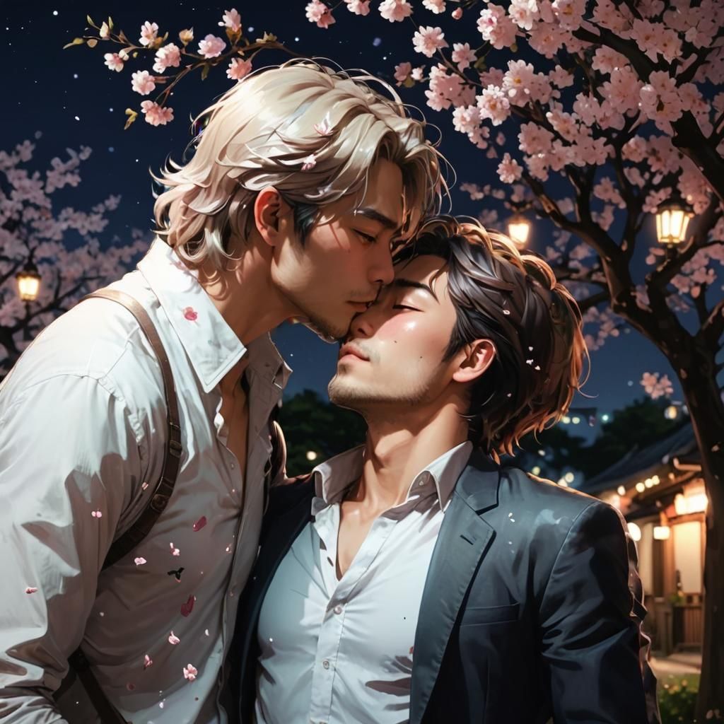 Gay Couple Kissing Under Cherry Tree: Anime Style