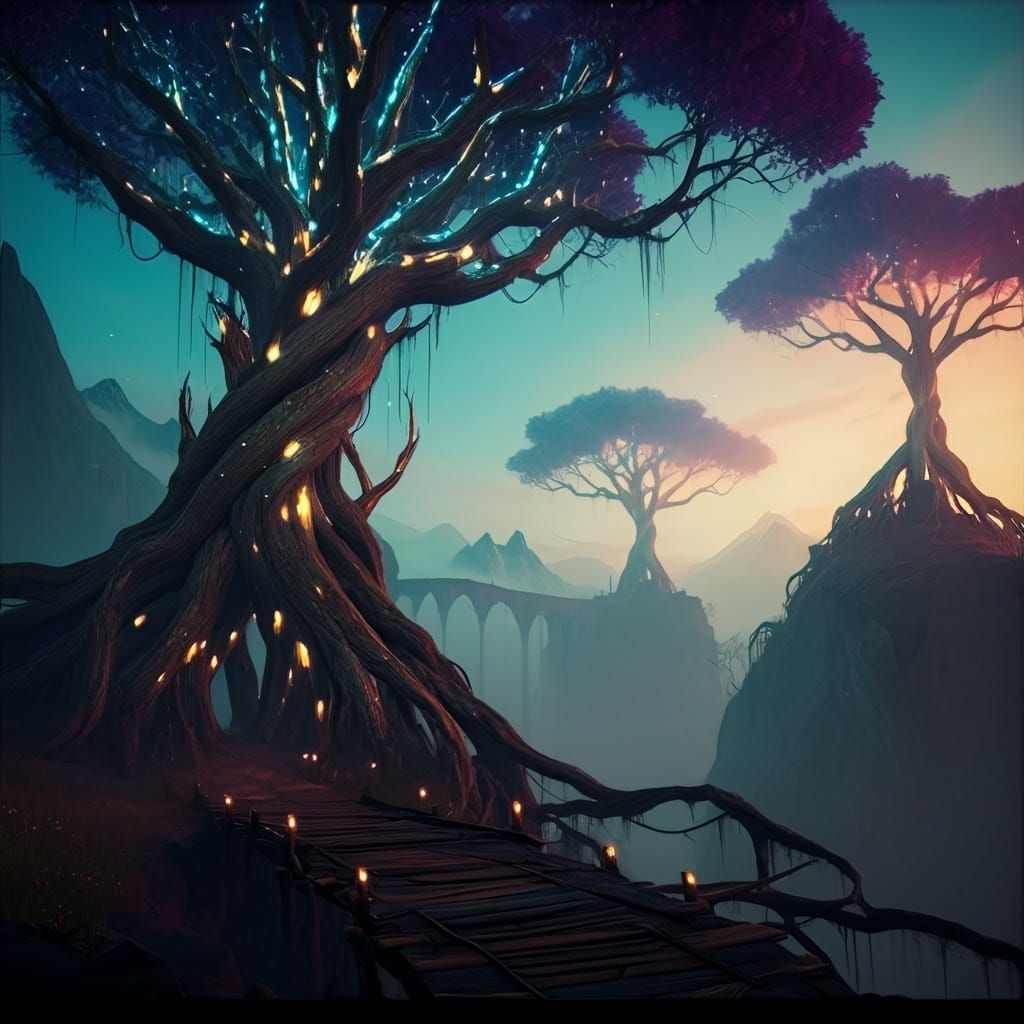 Ethereal Fantasy Landscape with Glowing Trees and Misty Moun...