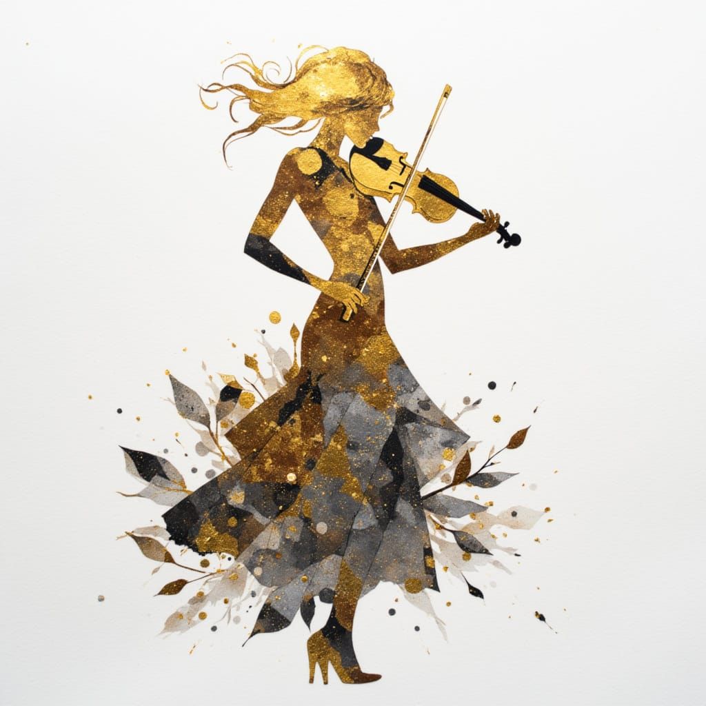Musician Silhouette with Copper Violin in Gold and Silver Le...