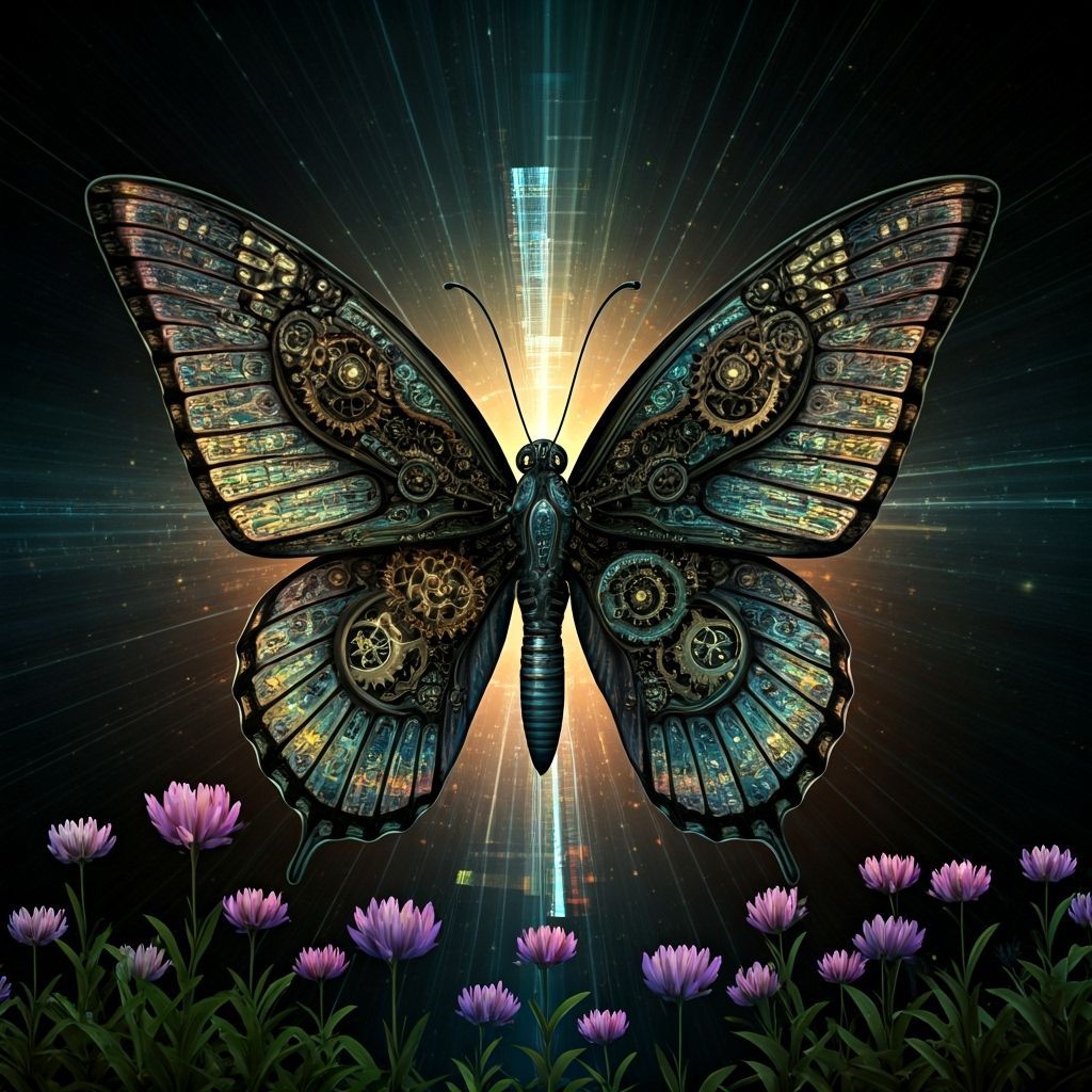Cybernetic Butterfly in Luminous Garden