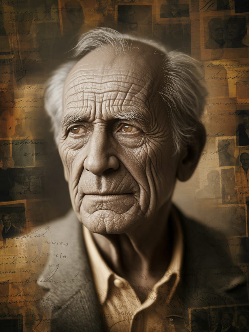 Wisdom Etched on Weathered Face in Sepia-Toned Winter Garden