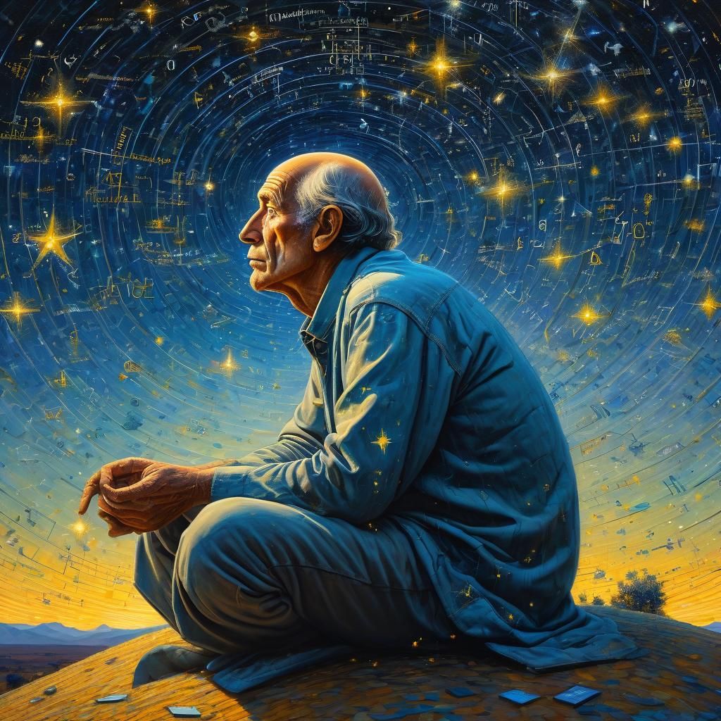 Contemplative Man Surrounded by Cosmic Equations
